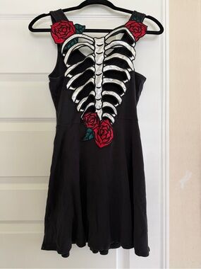 Hell Bunny Black Mini Dress with white Skeleton & Red Rose Appliqués
